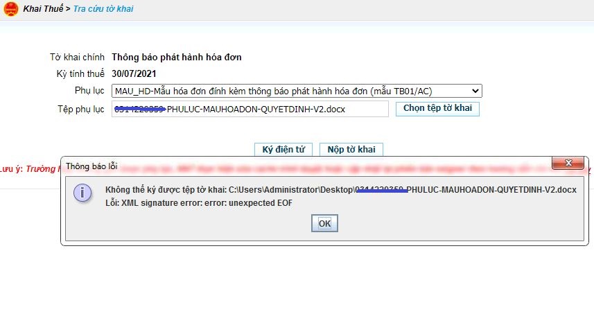 Cập nhật cách khắc phục các lỗi khó chịu khi nộp tờ khai xml: XML signature error: error: unexpected EOF, error: invalid entry CRC