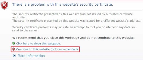 Thông báo lỗi "There is a problem with this website's security certificate"